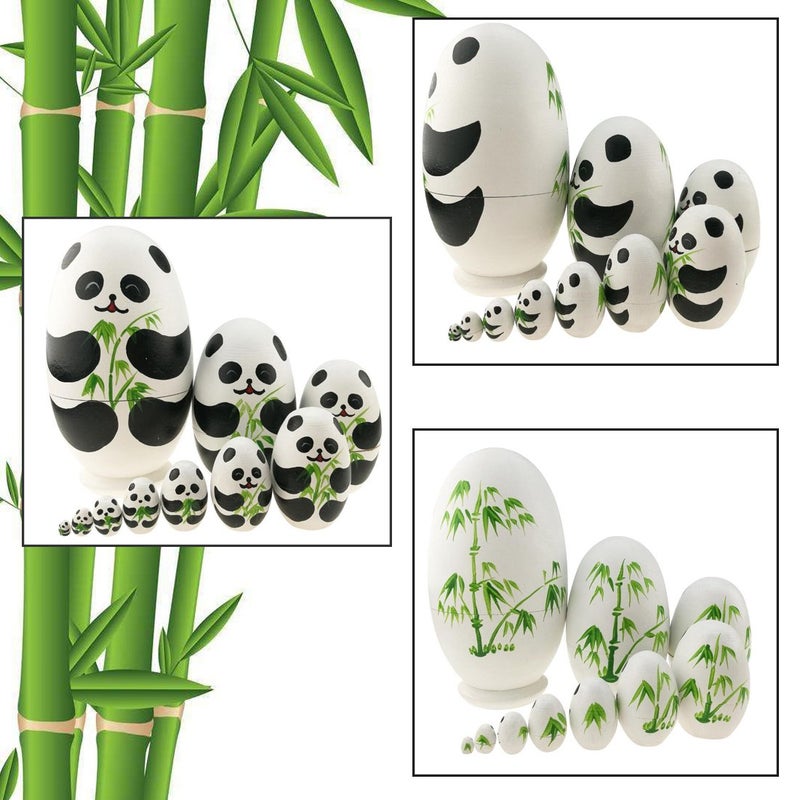 Apol Cute Panda with Bamboo Egg Shape Handmade Wooden Russian Nesting Dolls Matryoshka Doll Set 10 Pieces in a Box with Bow for Home Decoration Kids Toy Christmas Birthday Easter Gift - Image 3